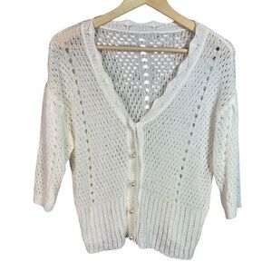 White Pointelle Knit Cardigan Sweater